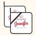 Juego de 2 agarraderas aislantes personalizadas Head Chef con texto Decoración de cocina Regalo de cumpleaños y Navidad para cocinero Chef amante de l