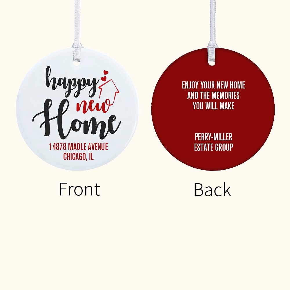 Ornement de Noël personnalisé en céramique Happy New Home Décoration de Noël suspendue double face Cadeau de pendaison de crémaillère pour les amis et