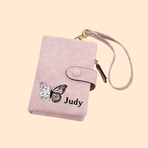 Portefeuille en Cuir Tri-Pli Porte Monnaie Personnalisé avec Papillon Fleur de Naissance Cadeau d'Anniversaire de Noël pour Femme