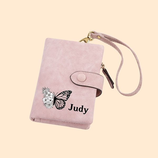 Personalisierte PU-Leder Dreifach-Geldbörse mit Schmetterling und Geburtsblume Münze Geldschein Portemonnaie Geschenk Geburtstag Weihnachten für Damen