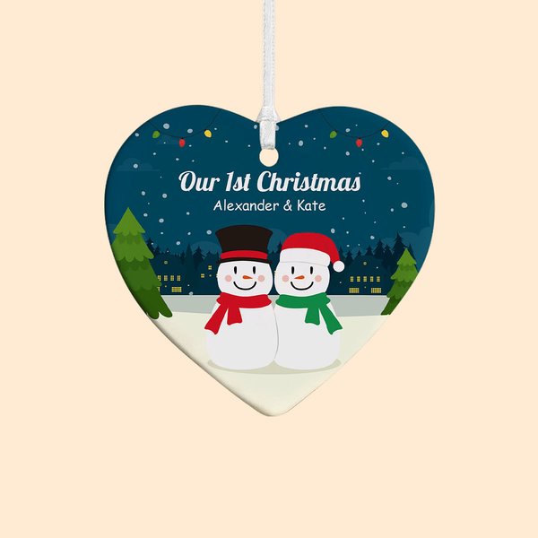Foto personalizada de cerámica de Navidad Corazón Muñeco de Nieve Adorno Árbol de Navidad Decoración Boda Regalo de Navidad para Parejas Recién Casado