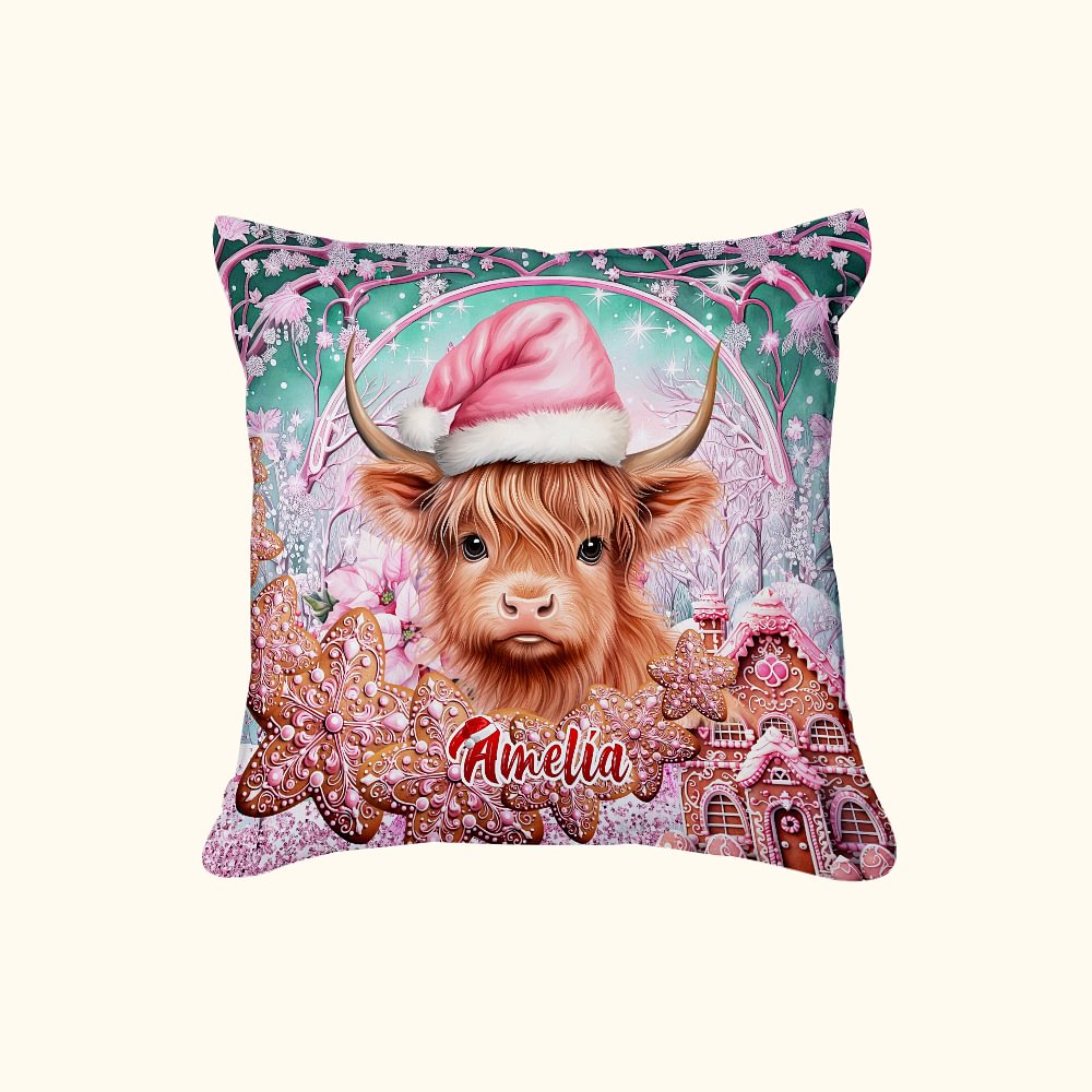 Personalizzato rosa floreale Highland Cow Throw Pillow Cover Home Decor con nome Compleanno regalo di Natale per bambino Highland Cow Lover