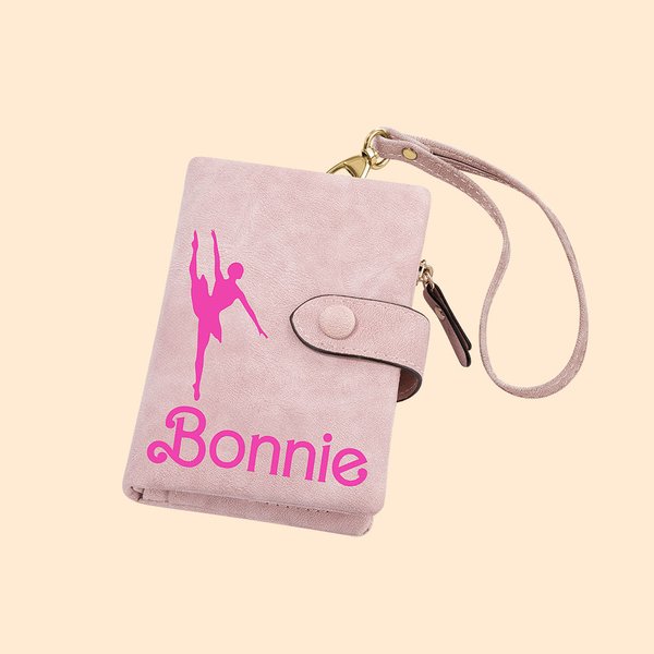 Gepersonaliseerde Tri-Fold Roze Ballet Meisje Leren Portemonnee met Munthouder Verjaardag Kerstcadeau voor Vrouw