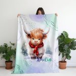 Bebé personalizado Highland vaca con sombrero de Navidad Manta de franela Regalo de cumpleaños de Navidad para Highland Cow Lover