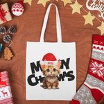 Henkilökohtainen Meowy joulu Kangaskassi käsilaukku koira kissa joulupukin hattu ostoskassi nimi teksti joulu syntymäpäivä lahja ystävä perhe lemmikkieläinten rakastaja