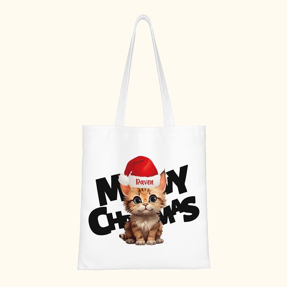 Sac cabas de Noël personnalisé Meowy Sac shopping avec nom Texte Noël Anniversaire Cadeau pour ami Famille Animaux de compagnie