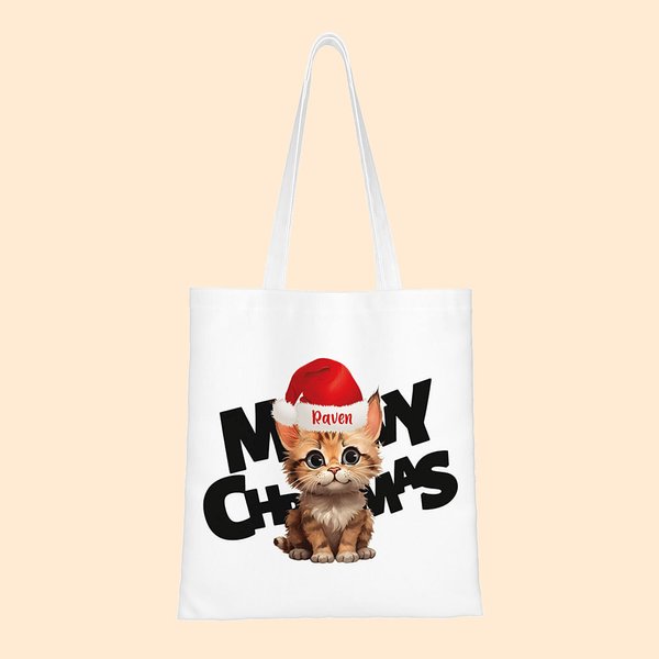Personalizzato Meowy Natale Tote Bag Borsetta Cane Gatto con Cappello di Babbo Natale Shopping Bag con testo nome Natale Compleanno Regalo per Amico F