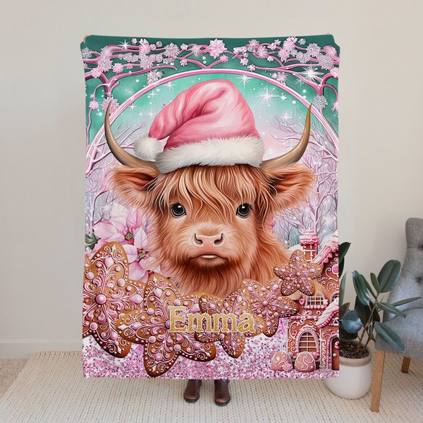 Vaca de las Tierras Altas personalizada con gorro de Papá Noel rosa Manta polar con pan de jengibre Regalo de cumpleaños navideño para los fans de las