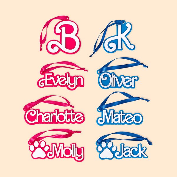 Personalized Retro Pink Doll Christmas Hanging Ornament Pink Blue Name Acrylic Stocking Tag Christmas Gift for Pet Lover Fashion Doll Fan