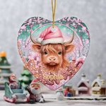 Gepersonaliseerd Kerstmuts Highland Koe Keramisch Hart Ornament Peperkoek Hangend Ornament Roze Kerstcadeau voor Familie Vriend Highland Koe Liefhebbe