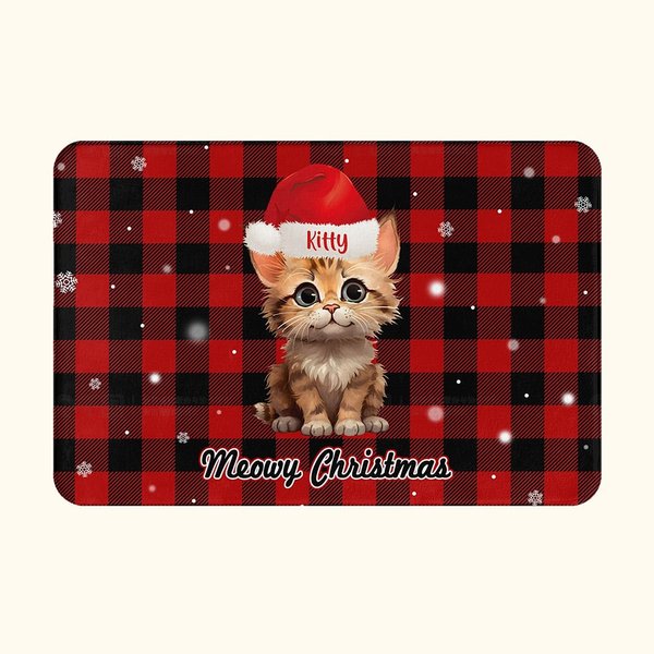 Paillasson personnalisé Meowy Christmas Dog Cat with Christmas Hat Décoration de maison Cadeau de Noël pour la famille Pet Lover