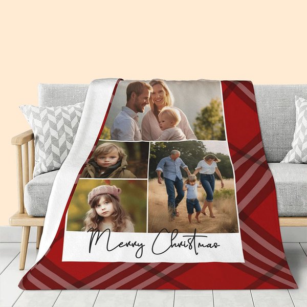 Couverture en Laine Personnalisée avec Photos en Buffalo Plaid Cadeau de Noël et d'Anniversaire pour la Famille et les Amis