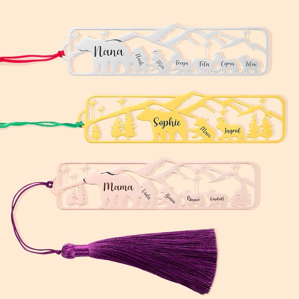 Personalisierte Mama Bär Familie Lesezeichen mit Namen Quaste Lesen Enthusiast Wesentliche Geburtstag Weihnachtsgeschenk für Familie Buchliebhaber