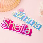 Personalized  Fashion Curved Name Stickers Water Resistant Holographic Vinyl Decal Label Birthday Gift for Sister Friend Pink Doll Lovers