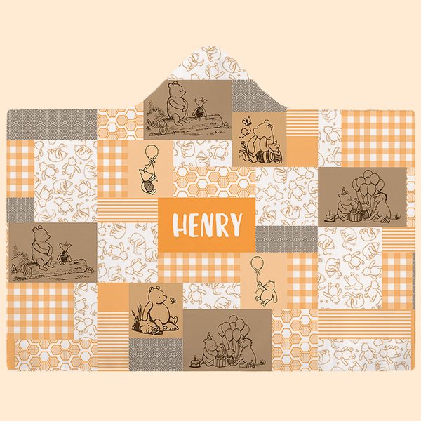 Personalised Cute Cartoon Bear Hooded Arctic Fleece Blanket with Name Soft and Warm Birthday Christmas Gift for Kids