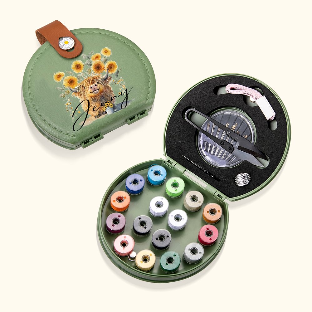 Kit de couture en cuir portable avec nom Tournesol Highland Vache Cadeau d'anniversaire et de Noël pour elle