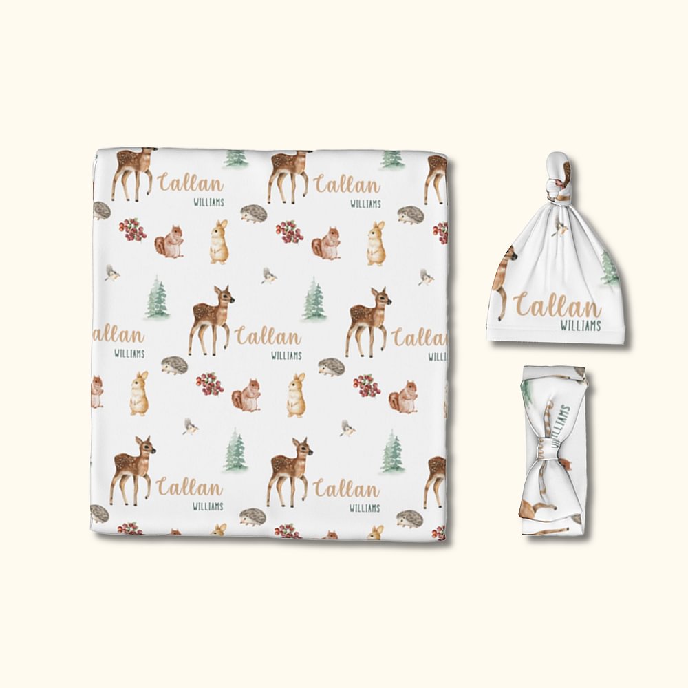 Ensemble d'emmaillotage personnalisé de Noël avec nom de bébé, animaux des bois, cadeau d'anniversaire et de bienvenue pour bébé, nouveau-né et maman.