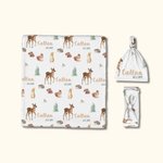 Personalised Christmas Woodland Animal Baby Swaddling Clothes Set with Baby Name Birthday Welcome Baby Shower Gift for Baby Newborn Mother