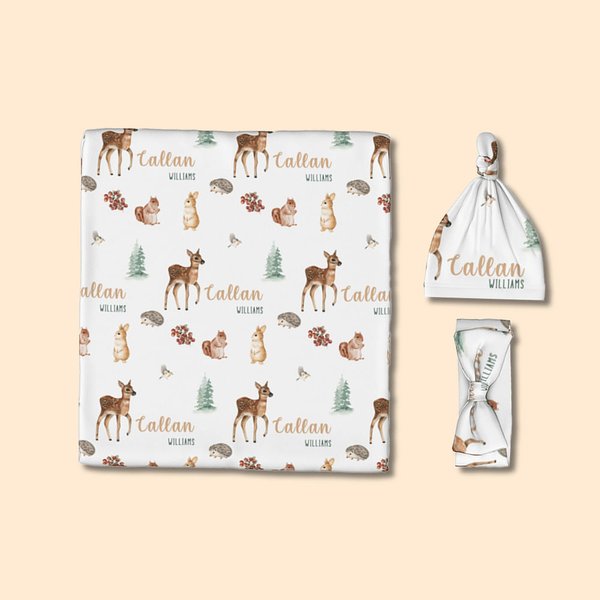 Personalizzato Natale Woodland Animal Baby Swaddling Set con il nome del bambino Compleanno Benvenuto Baby Shower Regalo per il neonato Madre