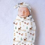 Personalised Christmas Woodland Animal Baby Swaddling Clothes Set with Baby Name Birthday Welcome Baby Shower Gift for Baby Newborn Mother