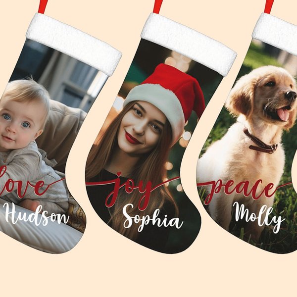 Bas de Noël Personnalisé avec Photo et Nom Chausette pour Décoration de Sapin Cadeau de Noël pour Enfants Famille