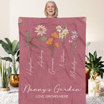 Personalised Watercolor Birth Flower Blanket with Name and Love Grows Here Quote Retro Home Decoration Birthday Gift for Mom Grandma