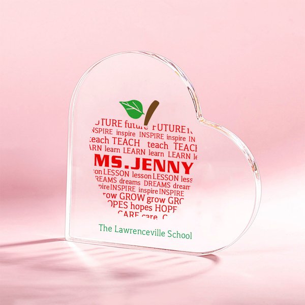 Gepersonaliseerd Appelpatroon Hartvormig Acrylplaquette De Week van de Leraarwaardering Dank U Bureaudecor voor Leraar