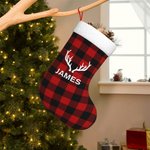 Personalisierte Buffalo Plaid Weihnachtsstrumpf mit Namen Bär Elch Hirsch Baum Geweih Weihnachtsgeschenk für Kinder Familie