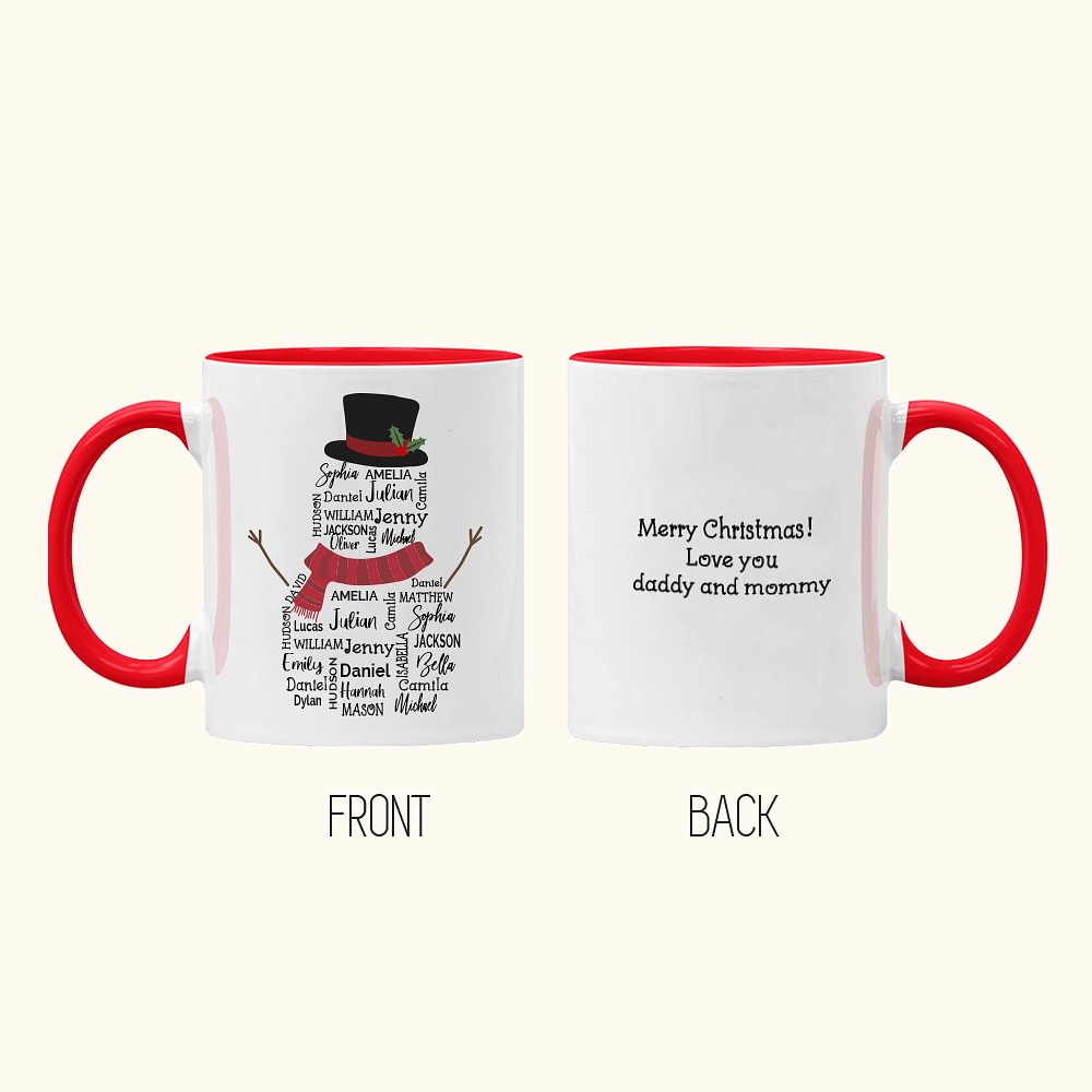Tasse en céramique personnalisée Bonhomme de neige répétant son nom Cadeau de Noël pour la famille