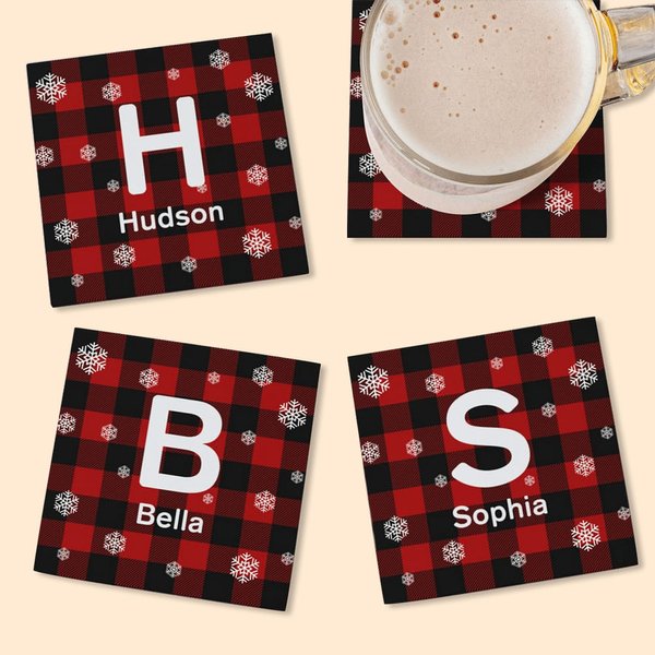 Buffalo Plaid Snowflakes Coaster with Initial and Name Set of 2