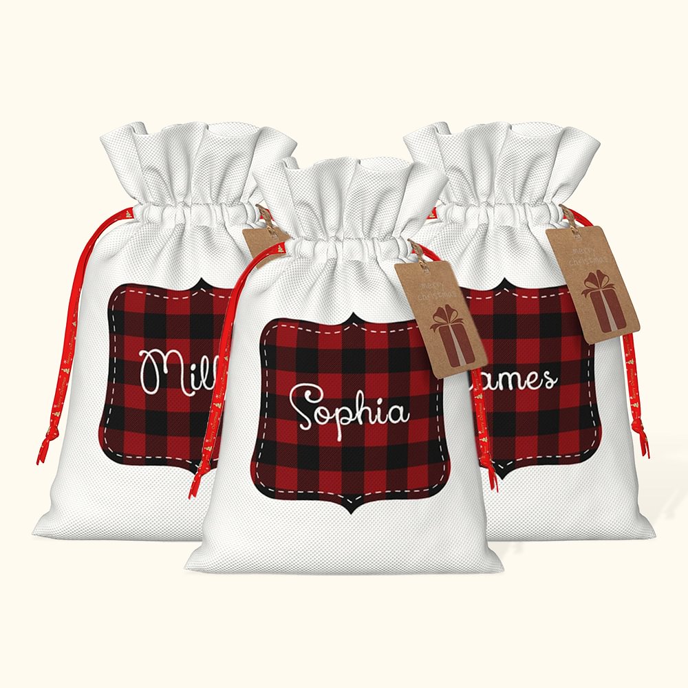 Sac de Noël personnalisé à double ruban de satin avec nom Cadeau de Noël pour les enfants