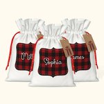 Personalisierte Weihnachten Buffalo Plaid Double Satin Ribbon Drawstring Geschenk Tasche mit Namen Weihnachtsgeschenk für Kinder