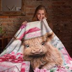 Personalisierte Rosa Floral Highland Kuh Decke mit Namen Weihnachtsgeschenk für Highland Kuh Liebhaber
