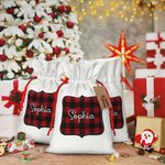 Personalisierte Weihnachten Buffalo Plaid Double Satin Ribbon Drawstring Geschenk Tasche mit Namen Weihnachtsgeschenk für Kinder