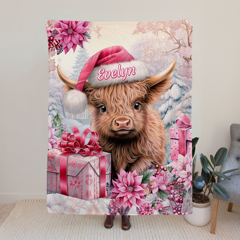 Couverture de vache Highland rose personnalisée avec nom Cadeau de Noël pour les amoureux de la vache Highland