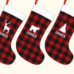 Personalisierte Buffalo Plaid Weihnachtsstrumpf mit Namen Bär Elch Hirsch Baum Geweih Weihnachtsgeschenk für Kinder Familie