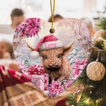 Personalized Pink Floral Highland Cow Heart Shaped Ceramic Ornament Christmas Decor Birthday Christmas Gift for Family Highland Cow Lover