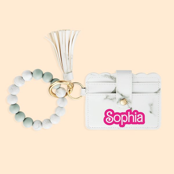 Personalized Retro Dolly Theme Silicone Beaded Wristlet Keychain Mini Leather Wallet Card Holder Christmas Birthday Gift for Women