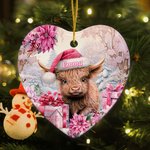 Personalized Pink Floral Highland Cow Heart Shaped Ceramic Ornament Christmas Decor Birthday Christmas Gift for Family Highland Cow Lover