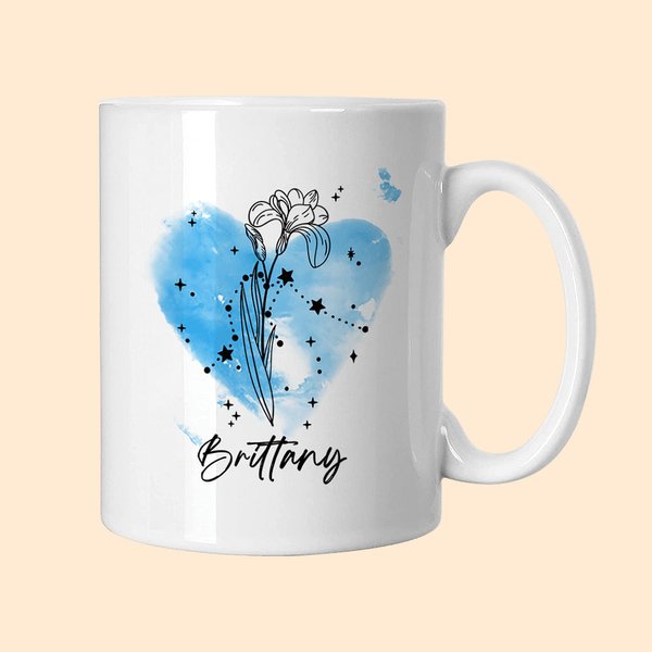 Mug Personnalisé avec Fleur de Naissance de Zodiaque Motif de Fond Coeur Cadeau pour Famille
