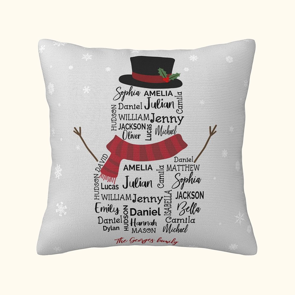 Taie d'oreiller personnalisée multicolore Bonhomme de neige répétant son nom Cadeau de Noël pour la famille