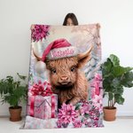 Personalisierte Rosa Floral Highland Kuh Decke mit Namen Weihnachtsgeschenk für Highland Kuh Liebhaber
