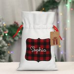 Personalisierte Weihnachten Buffalo Plaid Double Satin Ribbon Drawstring Geschenk Tasche mit Namen Weihnachtsgeschenk für Kinder
