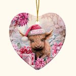 Personalized Pink Floral Highland Cow Heart Shaped Ceramic Ornament Christmas Decor Birthday Christmas Gift for Family Highland Cow Lover