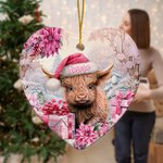 Personalized Pink Floral Highland Cow Heart Shaped Ceramic Ornament Christmas Decor Birthday Christmas Gift for Family Highland Cow Lover