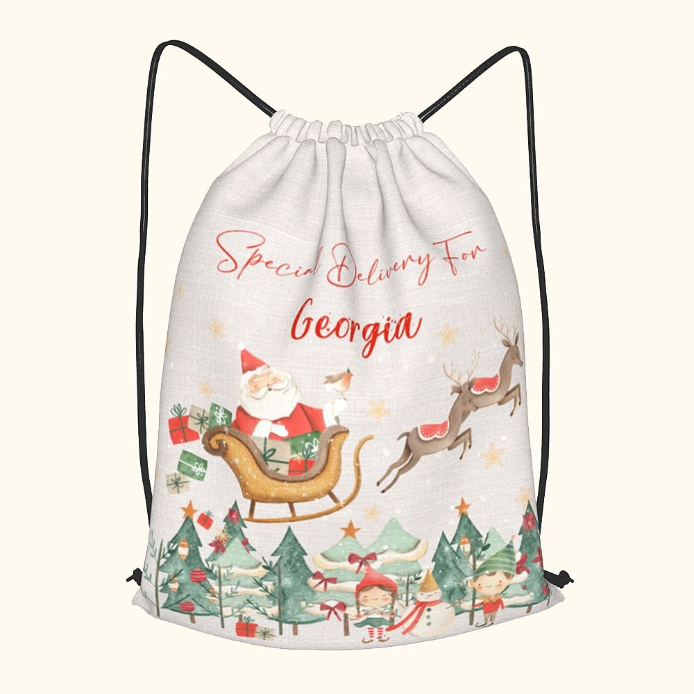 Sac à dos avec cordon de serrage personnalisé avec le nom et le motif du Père Noël et du renne Cadeau de Noël pour la famille et les amis
