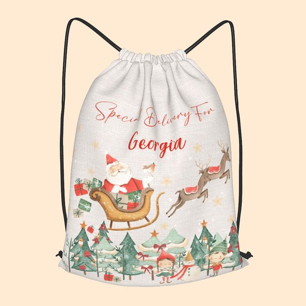 Personalisierte Sonderlieferung Drawstring Strap Pack mit Weihnachtsmann Rentier Design und Name Weihnachtsgeschenk für Familie Freund