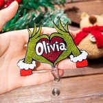 Personalizzato Glitter verde mostro mano cuore retrattile Badge Reel ID Clip Natale regalo divertente per i fan del mostro medico infermiere