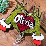 Personalizzato Glitter verde mostro mano cuore retrattile Badge Reel ID Clip Natale regalo divertente per i fan del mostro medico infermiere