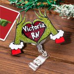 Personalizzato Glitter verde mostro mano cuore retrattile Badge Reel ID Clip Natale regalo divertente per i fan del mostro medico infermiere